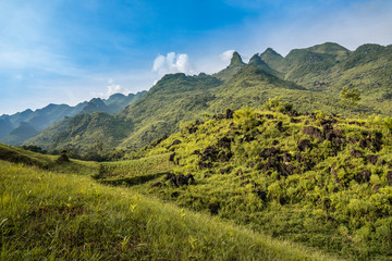 Fototapeta premium Rocky landscape around Du Gia, Ha Giang province, Vietnam. Stunning scenery with limestone karst mountains. 