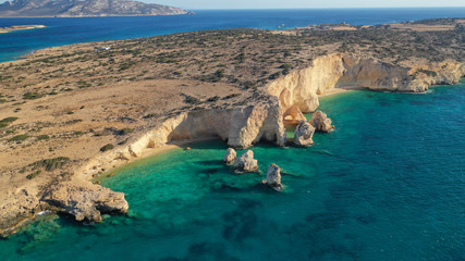 Aerial drone photo of secluded paradise beach of Kasteli in North area of Kato Koufonissi island, Koufonissia, Small Cyclades, Greece