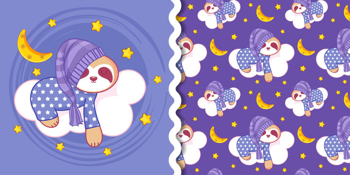 hand drawn cute lazy sloth with pattern set