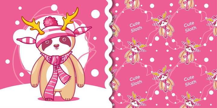 hand drawn cute sloth in winter with pattern set © maniacvector
