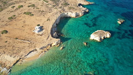 Aerial drone photo of secluded paradise beach of Kasteli in North area of Kato Koufonissi island, Koufonissia, Small Cyclades, Greece