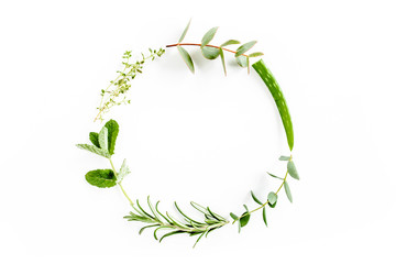 Obraz premium Round wreath frame made of mix of herbs, green branches, leaves mint, aloe Vera, eucalyptus, thyme and plants collection on white background. Set of medicinal herbs. Flat lay. Top view.