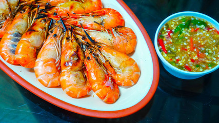 Roasted grilled giant river shrimp or prawn,Famous food in Thailand and Asia.