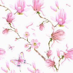 magnolia branch, pattern,beautiful pink  flowers, flowers isolated on a white background, vintage
