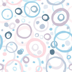 Abstract seamless pattern with cute colored circle elements on white background. Hand drawn simple design texture with chaotic shapes. Texture for wallpaper, background, scrapbook. Vector illustration