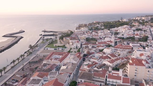 Aerial view of central part and marina of Lagos, Algarve, Portugal at morning