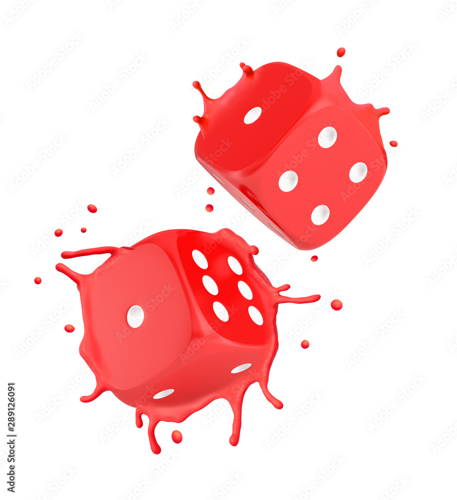 Poster 3d close-up rendering of two red melting dice splashing red plastic around isolated on white backgro
