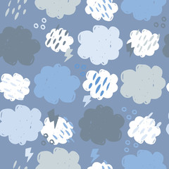 Scandinavian clouds seamless pattern. Hand drawn storm backdrop. Weather background. Simple style. Texture for wallpaper, background, scrapbook. Vector illustration