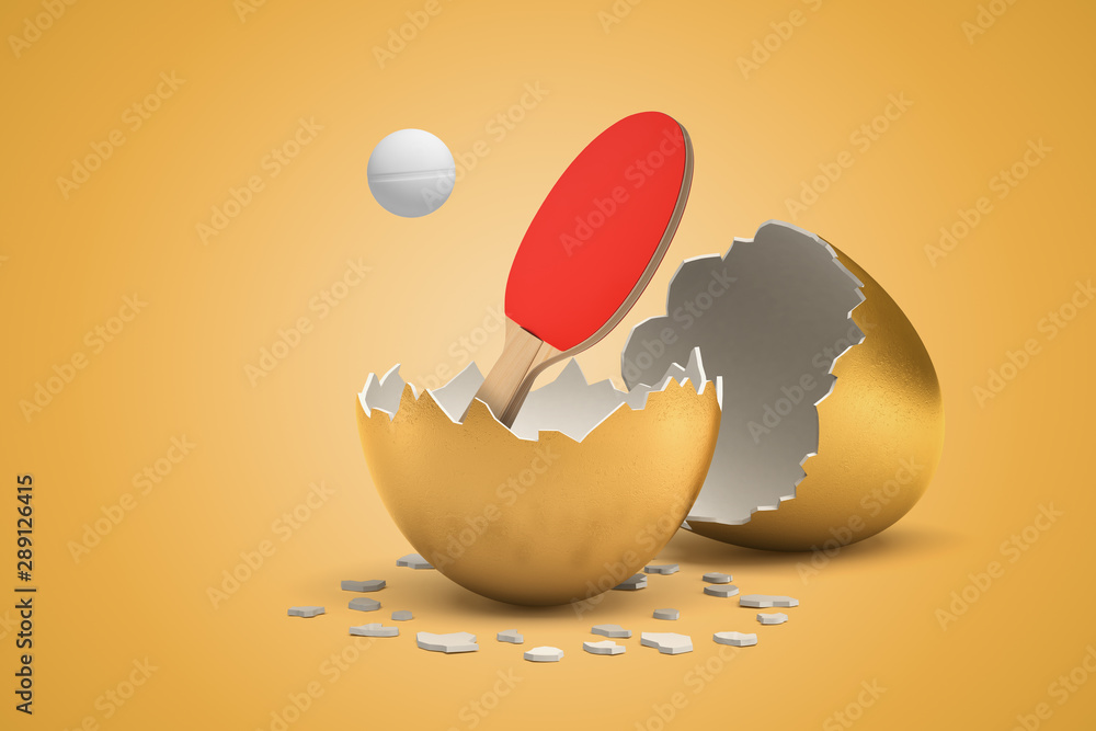 Poster 3d rendering of ping-pong racket and ball hatching out of golden egg on yellow background