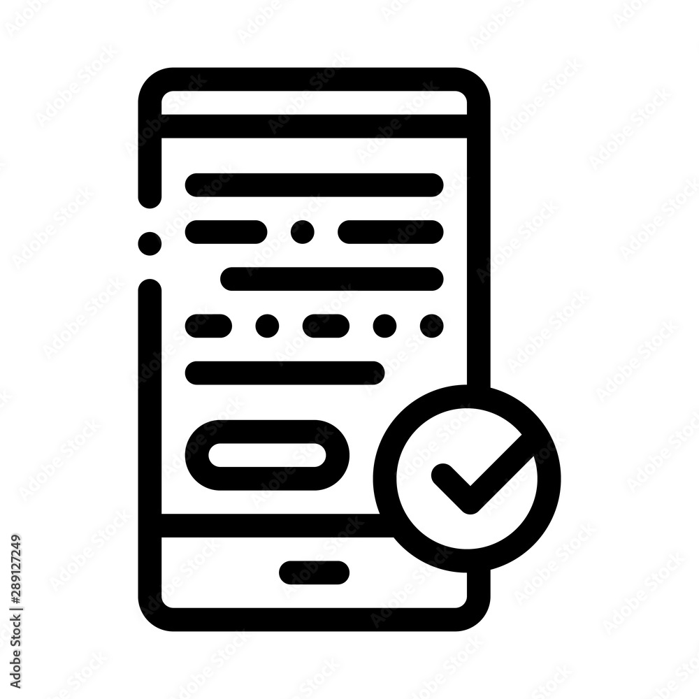 Poster smartphone display and approved mark vector icon thin line. approved sign on document file, protecti