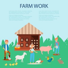 Farmer working at farm, caring for pig, goat, chickens vector illustration. Farming working people and animals on rural background.