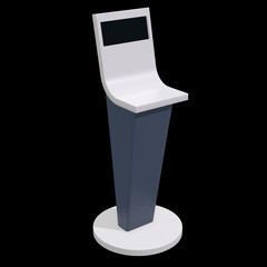 LCD Screen Stand. Trade Show Booth. 3d render of tv info kiosk on black background. High Resolution. Ad template for your expo design.