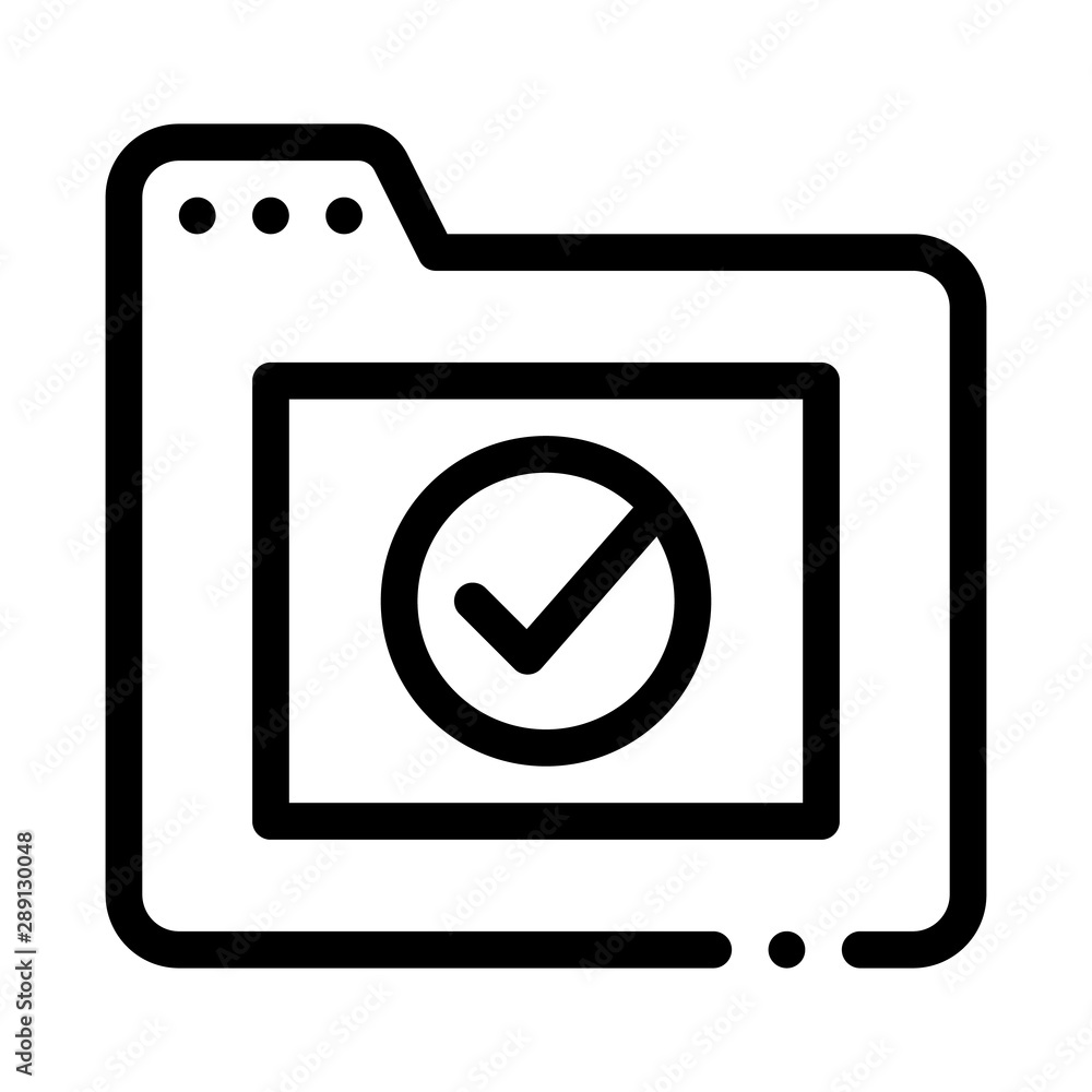 Poster computer folder with approved mark vector icon thin line. approved sign on document file and hands, 
