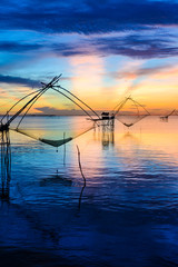 Fishing gear. Bamboo and netting. Of fishermen in Phatthalung Thailand On a beautiful evening light.