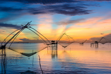 Fishing gear. Bamboo and netting. Of fishermen in Phatthalung Thailand On a beautiful evening light.