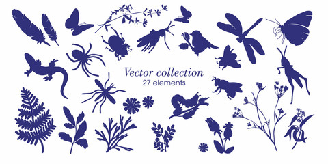 Set of silhouettes of botanical elements. Branches with leaves, herbs, wild plants, trees. Garden and forest collection of leaves and grass. Vector illustration on white background