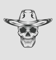 Cowboy skull drawing in a vintage retro woodcut etched or engraved style. Vector illustration