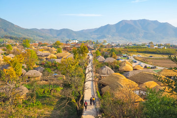 Naganeupseong Folk Village during autumn in Suncheon, A Traditional Hanok Village in South Korea.
