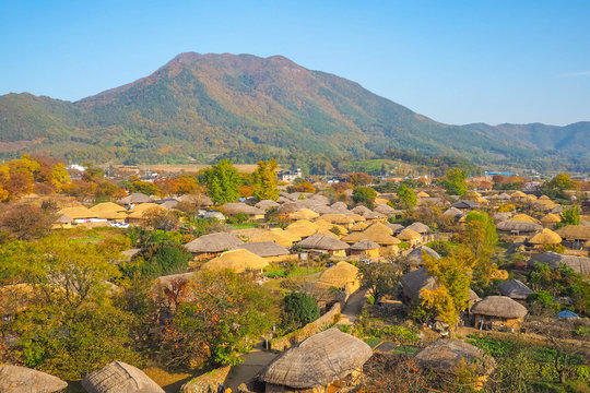 Naganeupseong Folk Village during autumn in Suncheon, A Traditional Hanok Village in South Korea.