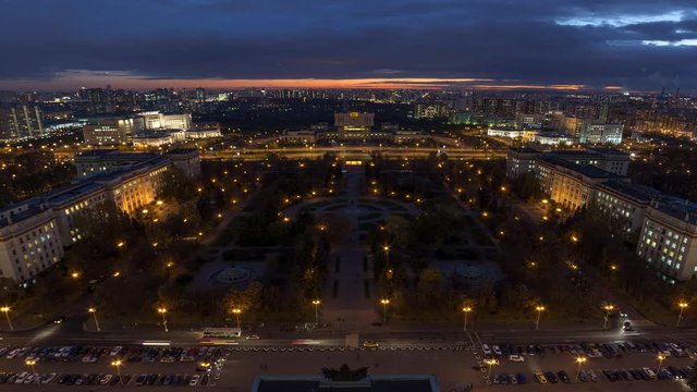 aerial day to night timelapse of moscow from moscow state university