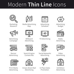 Advertising, promotion media channels, marketing campaign icon symbols