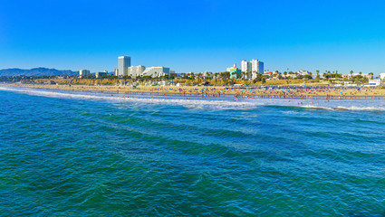 View of Santa Monica beach in Santa Monica on a sunny day. 