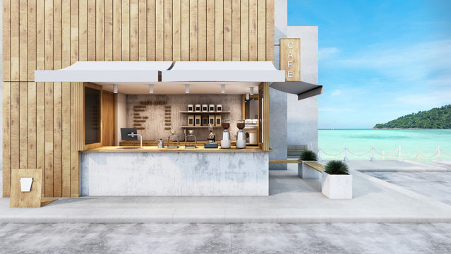 Front view Cafe shop  Restaurant modern minimal design.Wood slats wall,Counter top wood,Counter concrete,windows wood frame take view sea- 3D render