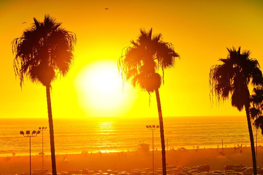 View of Santa Monica beach at sunset.