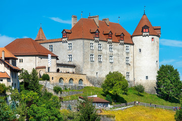 Fototapeta na wymiar picturesque landscape with medieval castle of Gruyeres in Fribourg canton, is one of the most famous castles in Switzerland. not private property, owned by the state of Switzerland