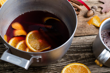 Mulled wine In rural pot and mug