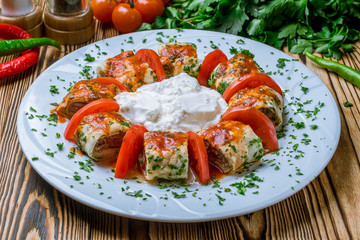 kebab lavash with yogurt and tomatoes Turkish cuisine