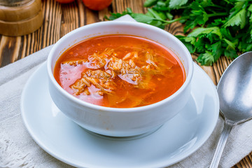Turkish soup Beiran on wooden table