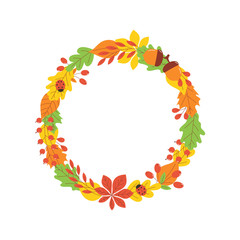 Round autumn banner with colorful fall leaves, berries and ladybug isolated on white background.