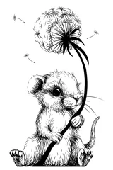 Fotobehang Wall sticker. Cute little mouse is holding a dandelion flower. © AnastasiaOsipova