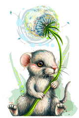 Wall sticker. Cute little mouse holds a dandelion flower in a watercolor style.