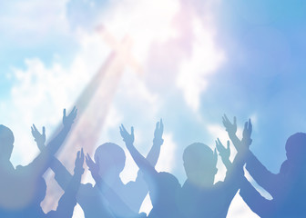 soft focus of christian people group raise hands up worship God Jesus Christ together in church...