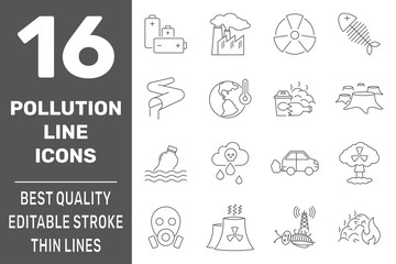 Ecology problems line icons set with pollution symbols, isolated vector illustration. Editable Stroke. EPS 10.