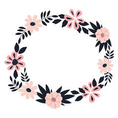 Round flower wreath . Vector elegant floral arrangement with blue leaves and pink flowers.