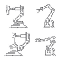Line flat vector icon set factory conveyor robot arm system. Automatic industry assembly robotic machinery. Globalization laborer technology process. Mechanical worker. Cartoon style illustration.