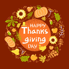 Happy Thanksgiving day card with turkey bird and text. Vector Beautiful handwritten autumn card