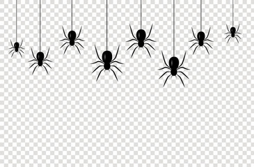 Isolated seamless pattern with hanging spiders for decoration and covering on the transparent background. Scary background for Halloween. Realistic Vector Illustration