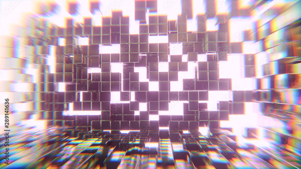 Poster abstract solid cubes violet lighting explosion sci fi background, 3d rendering.