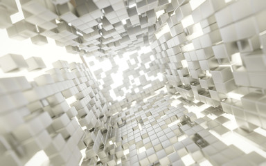 Abstract white Cubes lighting explosion Sci fi background, 3d rendering.