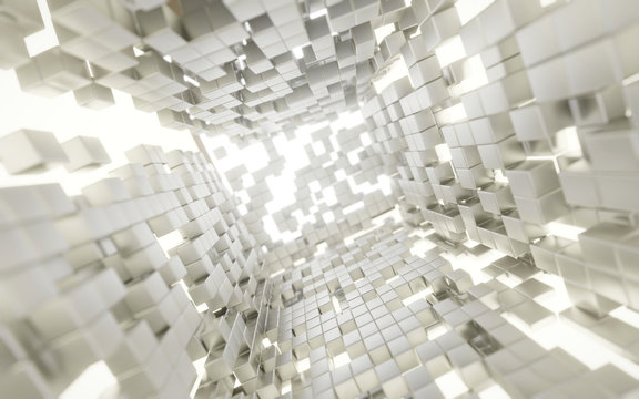 Abstract white Cubes lighting explosion Sci fi background, 3d rendering. © sarawut795