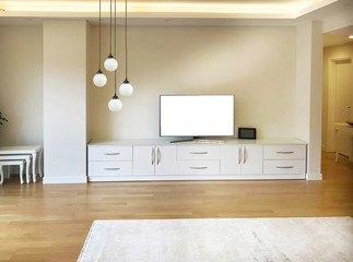 modern living room interior design television unit and lamp