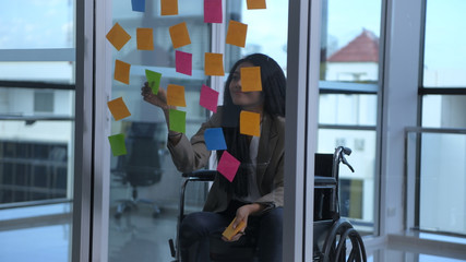 Business concepts. The disabled girl is writing an attitude to comment on the office. 4k Resolution.