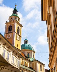 Ljubljana, Slovenia, August 5, 2019. St. Nicholas Cathedral, one of the main attractions of the city. Architectural Fragment