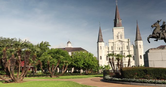 Historic St. Louis Cathedral and the statue of Andrew Jackson across Jackson Square in New Orleans Louisiana USA