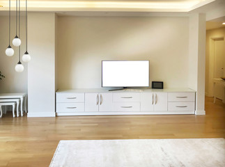 modern living room interior design television unit and lamp