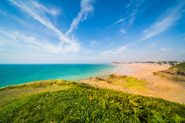 Turquoise Blue Atlantic Coast and Beach of Pléneuf-Val-André in Brittany France on a Sunny Summer Day